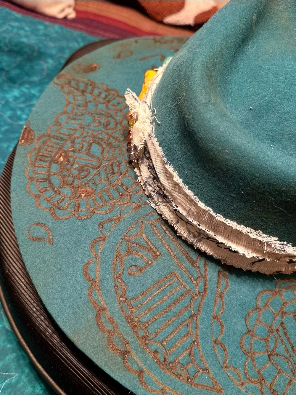 Charlie One Horse Paisley Burned Designed Dark Teal Felt Hat w/ Beaded ColorTrim